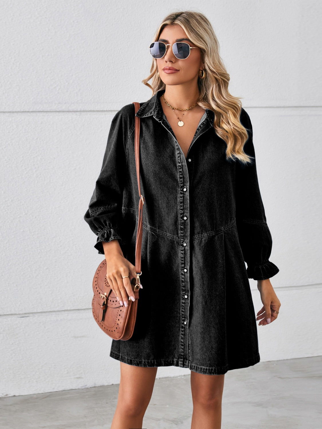 Button Up Flounce Sleeve Mini Denim Dress The Attic Pearl Button Up Flounce Sleeve Mini Denim Dress The Attic Pearl